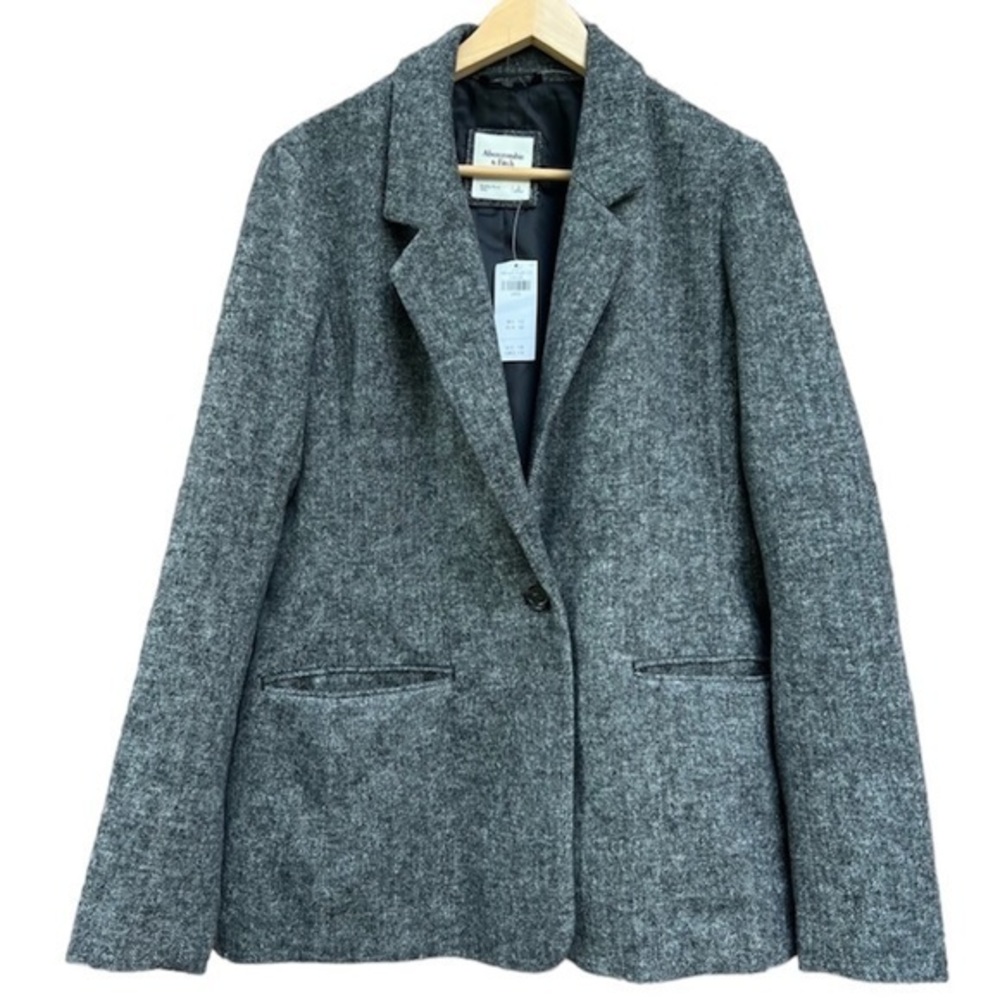Abercrombie & Fitch Womens Wool Blend Blazer Coat Grey Black Herringbone L